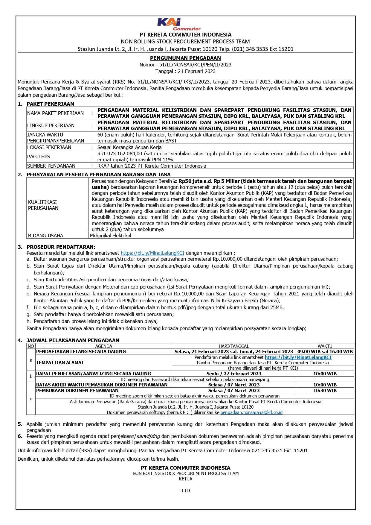 2 pengumuman pengadaan material kelistrikan dan sparepart pendukung fasilitas stasiun page 0001